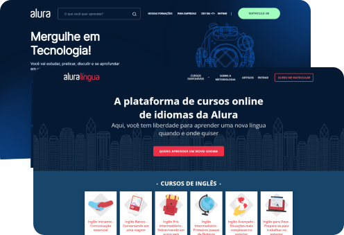 Imagem de telas mostrando a plataforma Alura em diferentes dispositivos.
